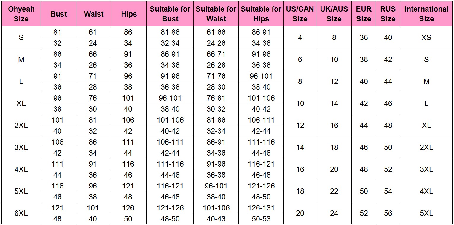 Ohyeah Size Chart Including Lingerie Size,Women's Panty Size,Dress Size