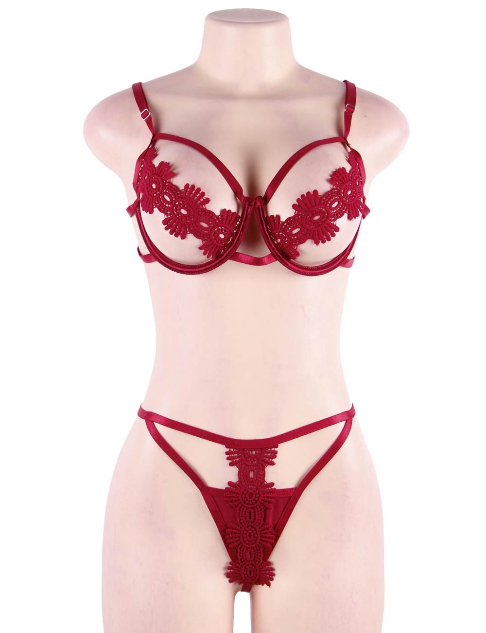 ChloéGinger - Red Delicate Flowers Lace Hollow Out Bra Set