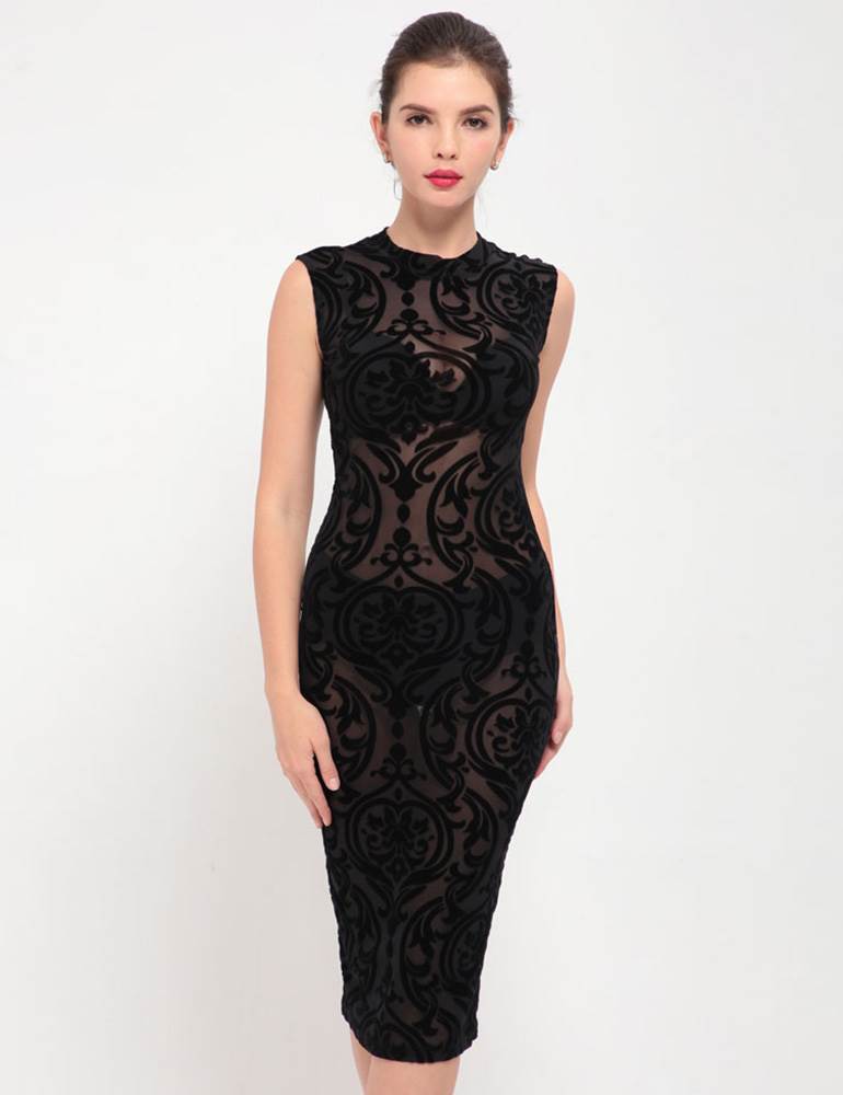 Elegant Black Printing Simple Pattern Fashion Dress Lace Fashion Bodycon