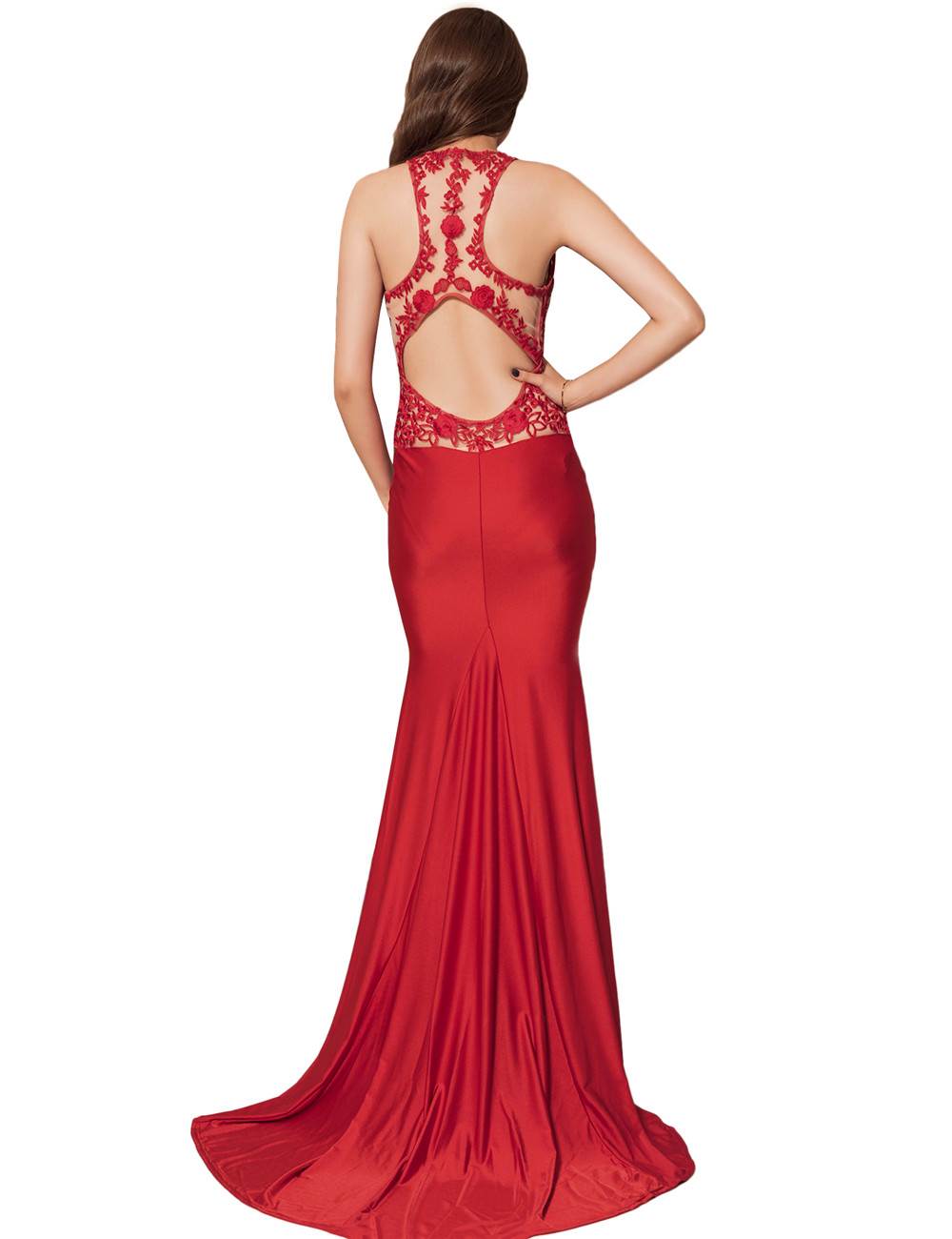 Cheap High Neck Red Embroidery Flower Backless Party Dress From China