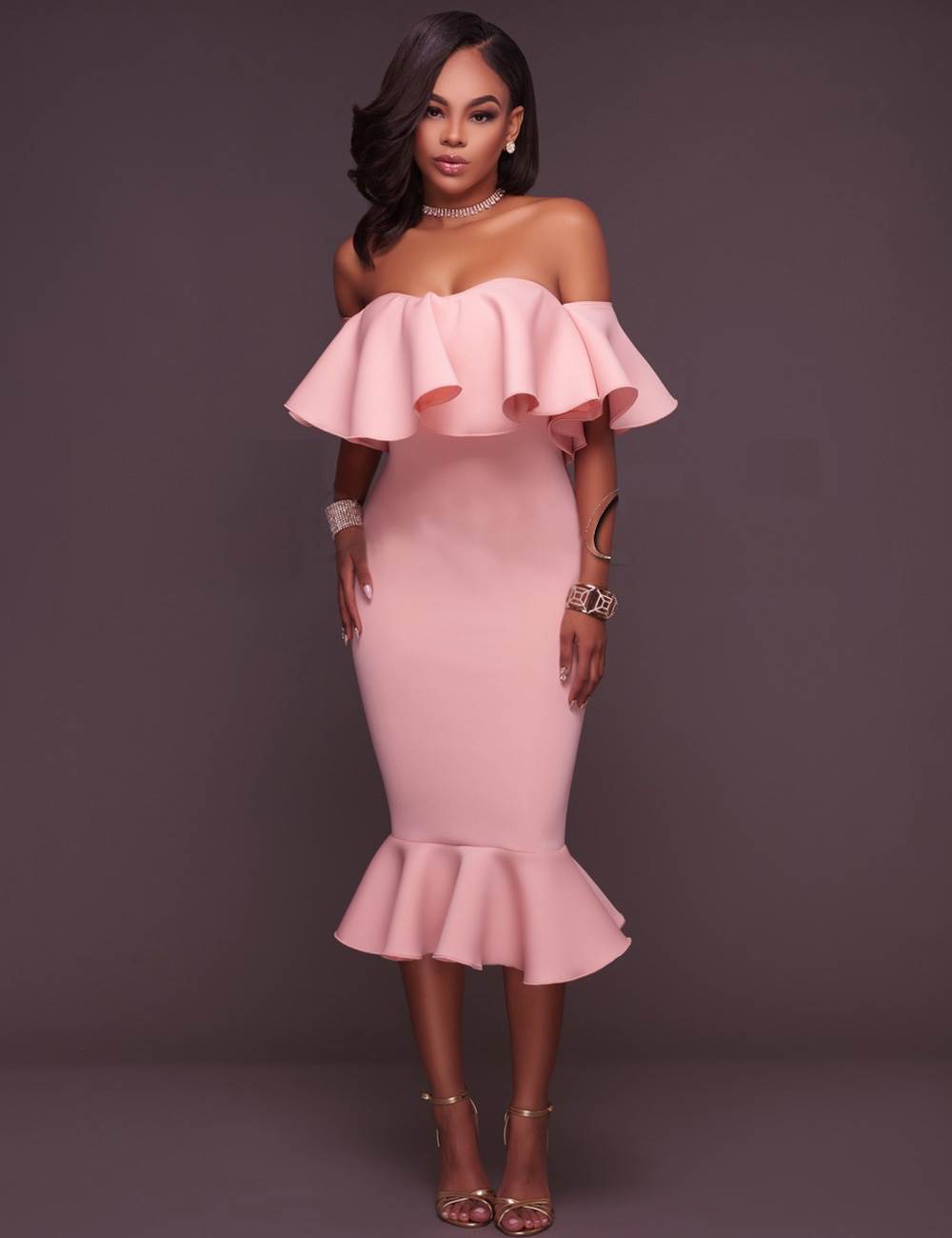 off shoulder ruffle mermaid dress
