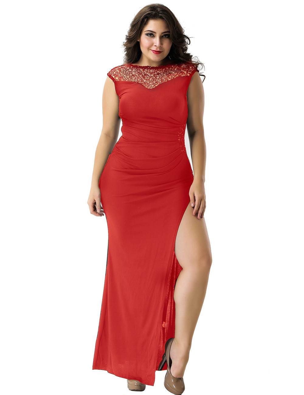 Newest fashion red evening dress with lace detail side in stock