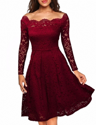 Dark Red Lace Long Sleeve Off Shoulder Dress
