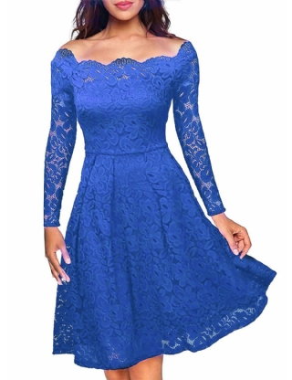 Long Sleeve Scalloped Blue Lace Midi Dress