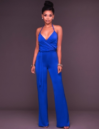 Blue Wide Leg Halter Jumpsuit