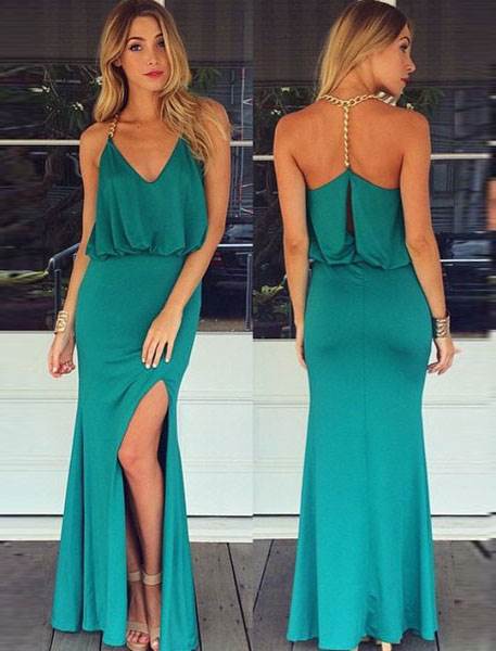 Wholesale Gold Chain Halter Maxi Green Dress with T Back|Ohyeah888.com