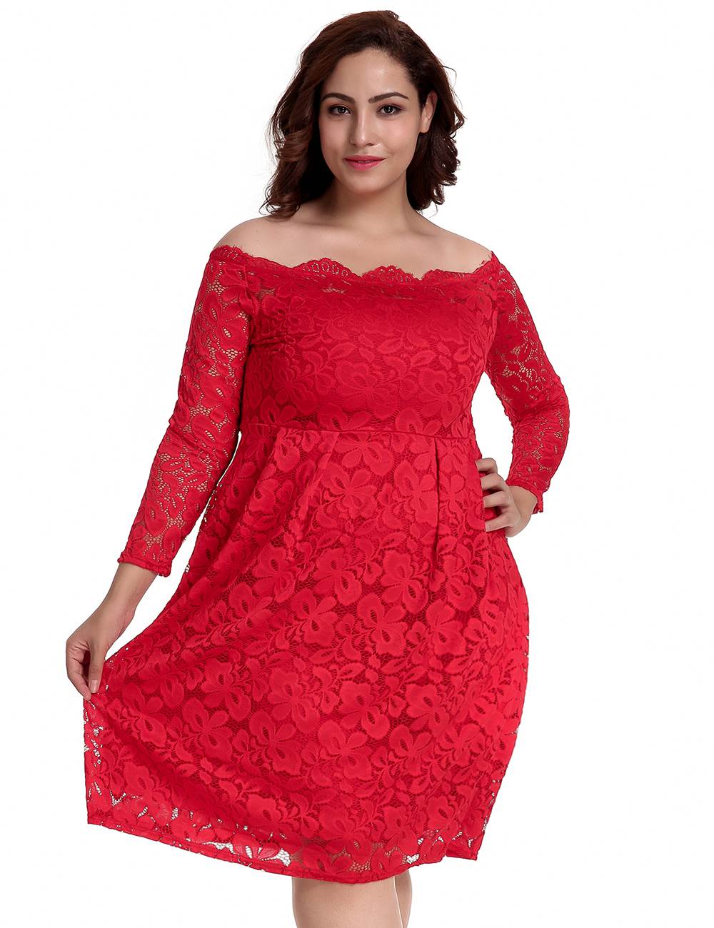 Plus Size Long Sleeve Fashion Red Lace Midi Dress | Ohyeah