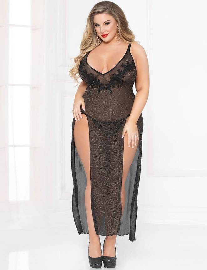 Plus Size Black Long Sheer Gauze Temptation Sexy Nightgown for Curvy