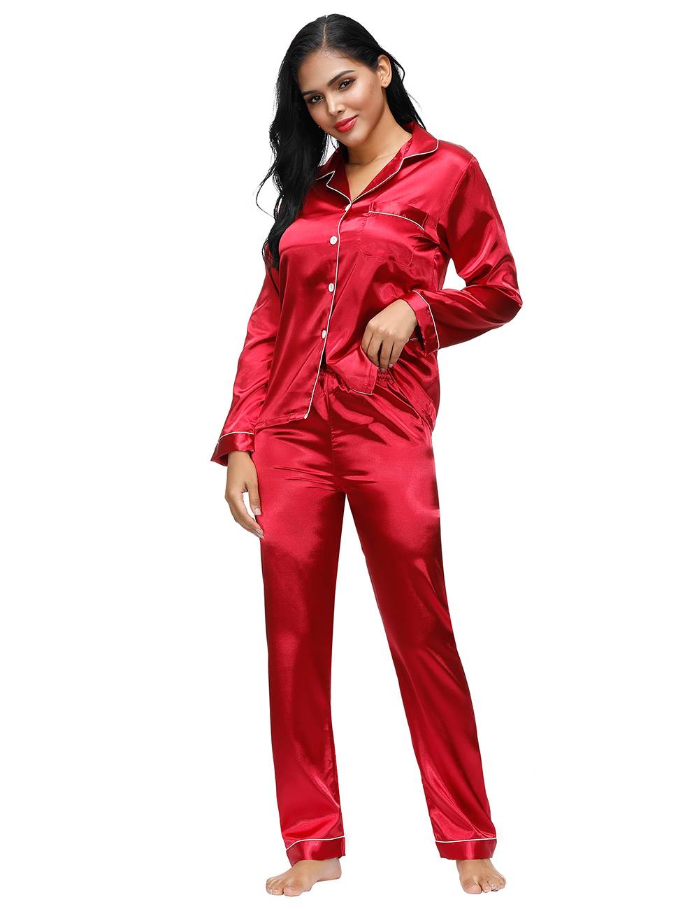 Wine Red Long Sleeve Silk Pajamas Set Two Piece Set | Ohyeahlady