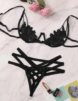 Black Elegant Embroidery Fashion Bra Set With Underwire