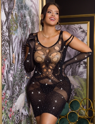 Black Sexy Sparkle Glitter Rhinestone Fishnet Hollow Bodystocking