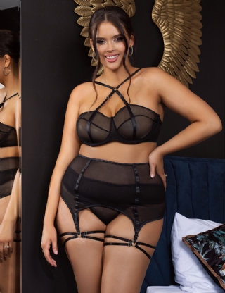 Black Mesh Underwire Garter Lingerie Set