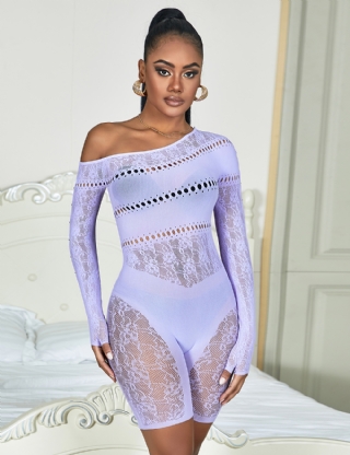 Purple Long-Sleeved One Shoulder Sexy Mesh Bodystocking