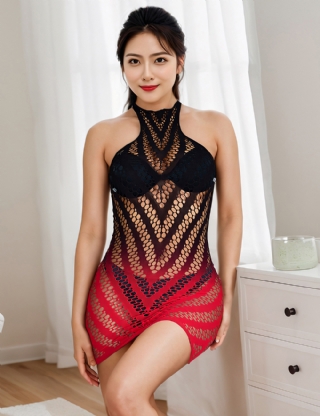 Black And Red Two-Color Gradient Stretchy Fishnet Bodystocking