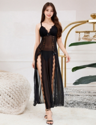 Black Sexy Mesh Lace Long Split Nightgown