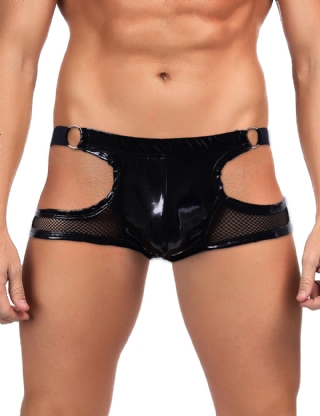 Black Patent Leather Mesh Sexy Low Waist Men Jockstrap