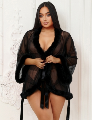 Black Sexy Mesh Mink Fur Trim  Short Robe With Belt