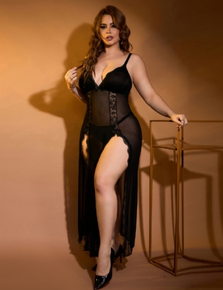 Black Sexy Mesh Lace Long Split Nightgown