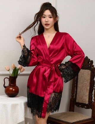 Red Elegant Sleepwear Silk Eyelash Lace Long Sleeves  Nightdress With G String