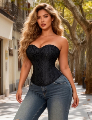 Black off Shoulder 12 Pieces Plastic Bones Corsets With Panties