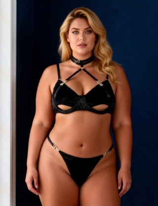 Black Sexy Velvet Hollow Cut Halter Bra Set