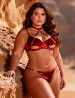 Red Sexy Velvet Hollow Cut Halter Bra Set