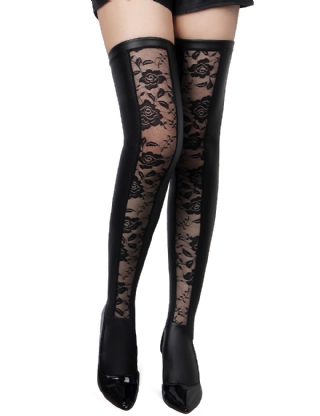 Black Sexy PU Leather Lace Stockings