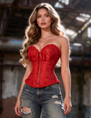 12 Pieces Plastic Bones Red Sexy Embroidered Zippered Palace Style Corset