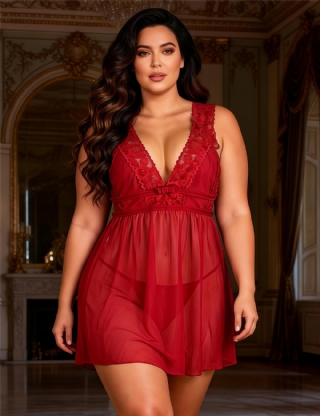 Burgundy Deep V-neck Mesh Sexy Babydoll