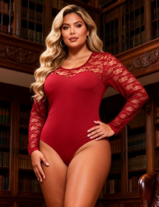 Burgundy Sexy Swim Cloth Lace Long Sleeves Open Crotch Bodysuit