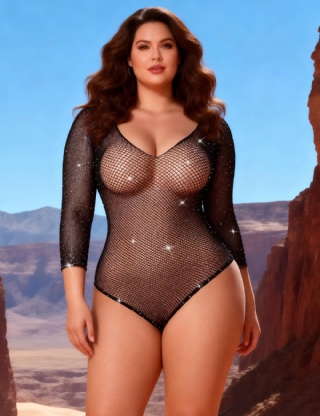 Plus Size Black Long Sleeve Fishnet Off-the-shoulder Sparkle Bodysuit