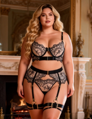 Black Sexy Mesh Embroidery Lace Garter Bra Set