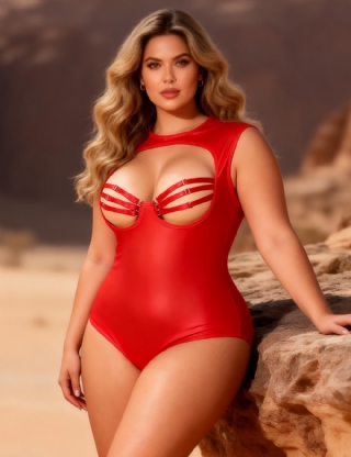 Red Sexy PU Leather Sleeveless Open Bust bodysuit