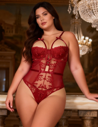 Wine Red One-piece Sleeveless Underwired Floral Patterns Mesh Bodysuit