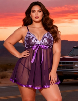 Sexy Rhinestone See-through Dark Purple Plus Size Nightdress