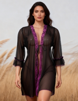 Black Sexy Mesh Flared Ruffle Half Sleeves Open Front Robe