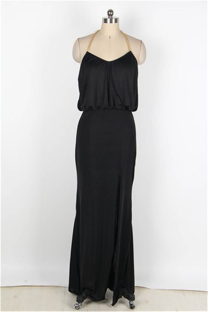 Sexy Black Gold Chain Halter Maxi Dress with T Back