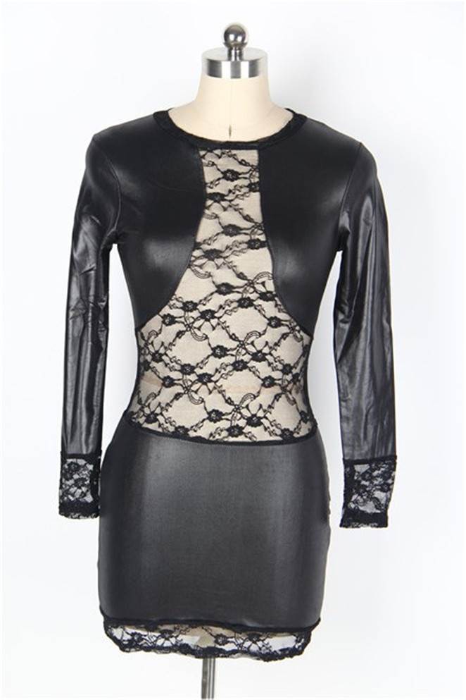 Fashion Lace Black Leather Sleeved Mini Dress