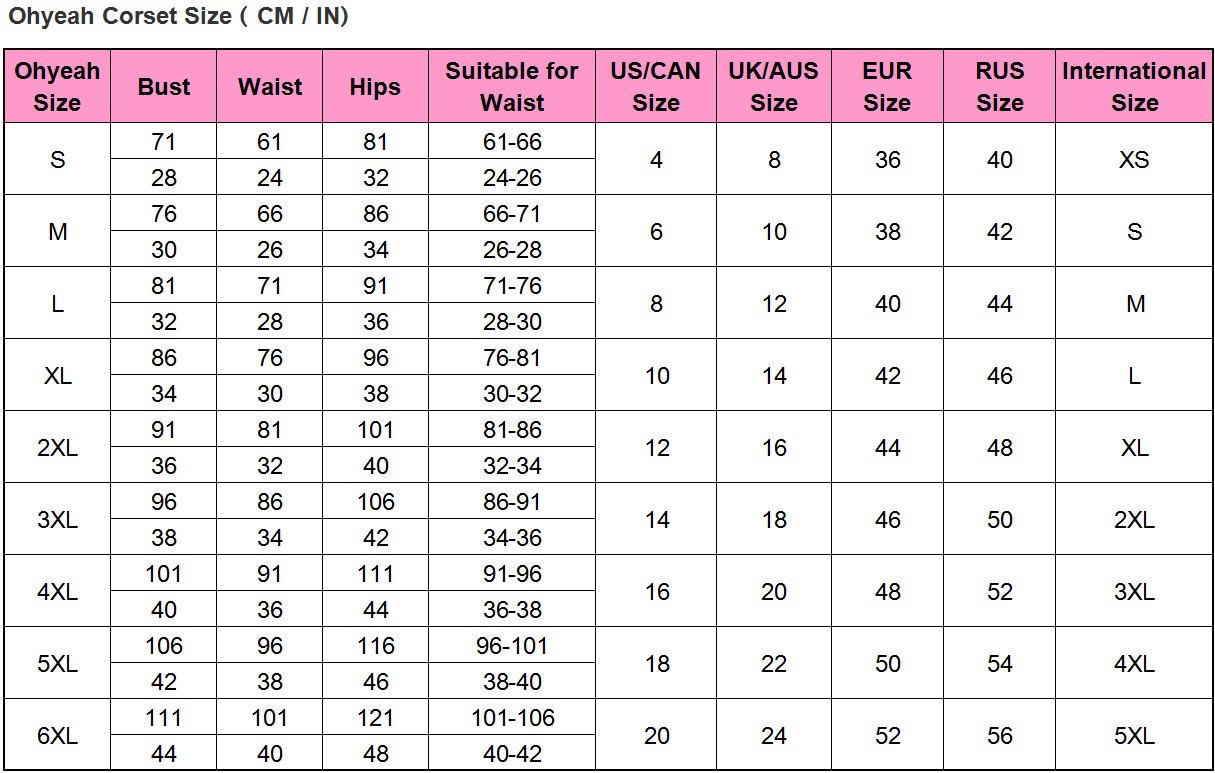 Ohyeah Size Chart Including Lingerie Size,Women's Panty Size,Dress Size ...