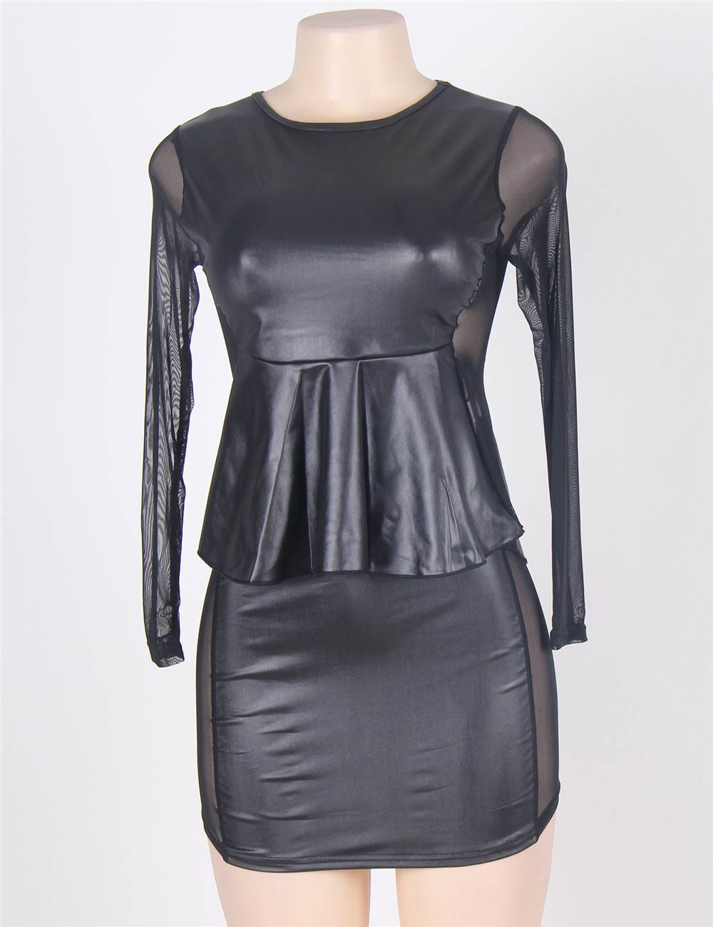 In Stock Black Leather Mesh Inset Peplum Top and Skirt