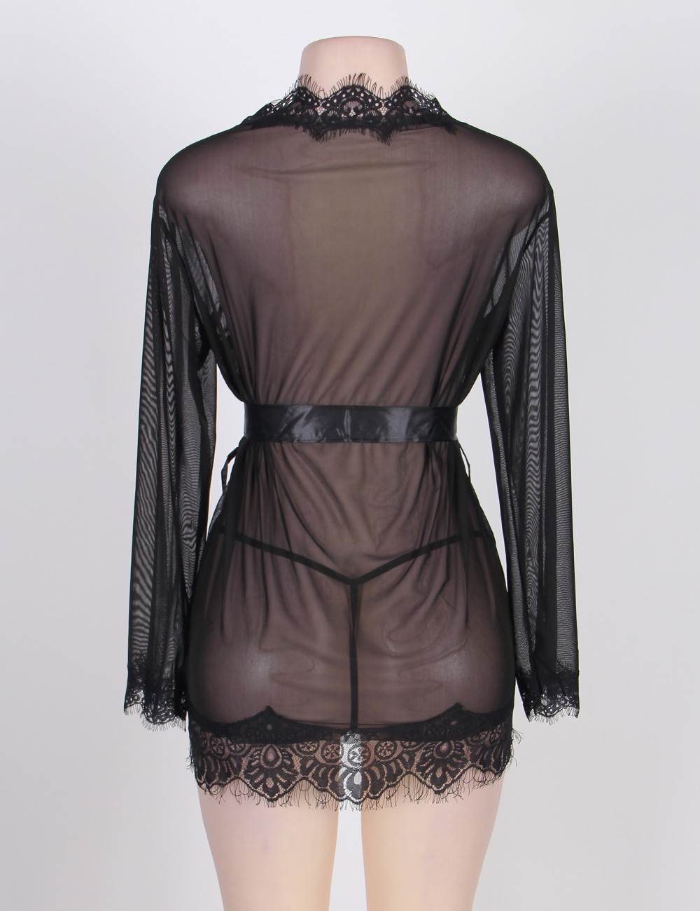 Top Quality Black Sheer Lace Trim Sexy Robe With Belts