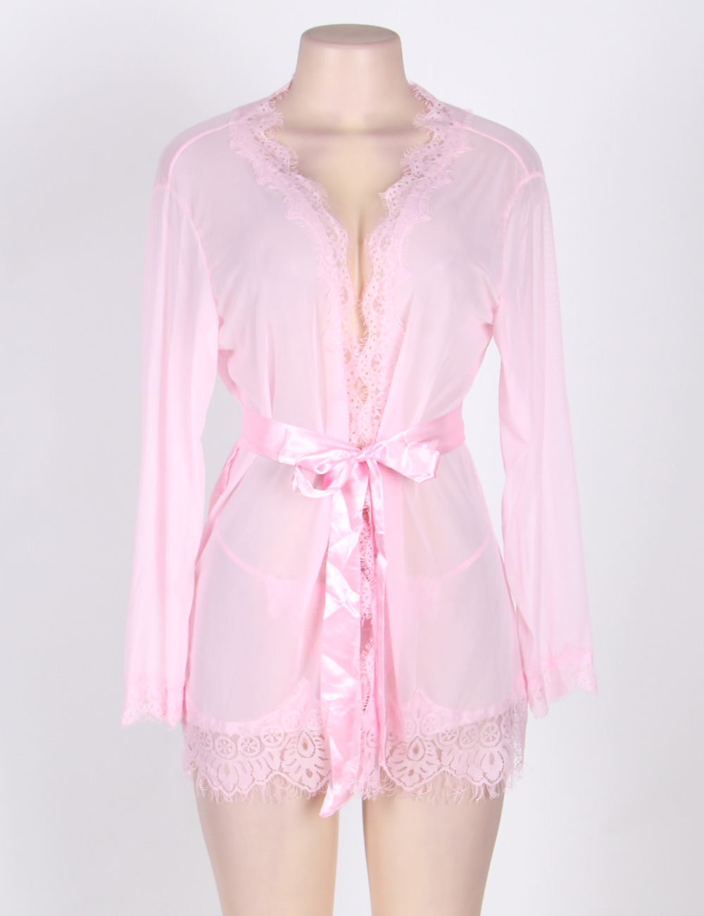 Sexy Bedtime Ladies‘ Plus Size Pink Lace Trim Robe With Thong