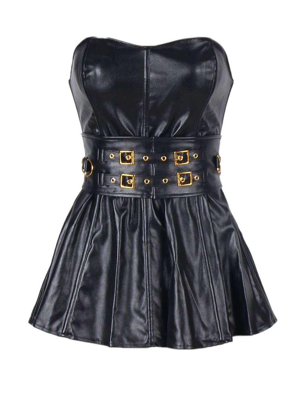 Faux Black Leather Mini Corset Dress with Gold Button | Ohyeah