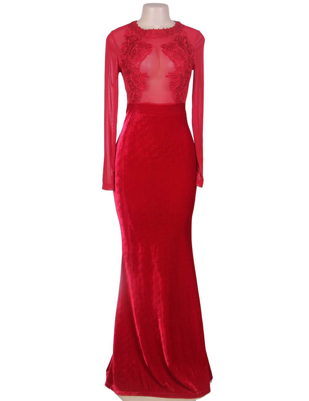 Hot Sale Mesh Red Lace Applique Velvet Maxi Dress