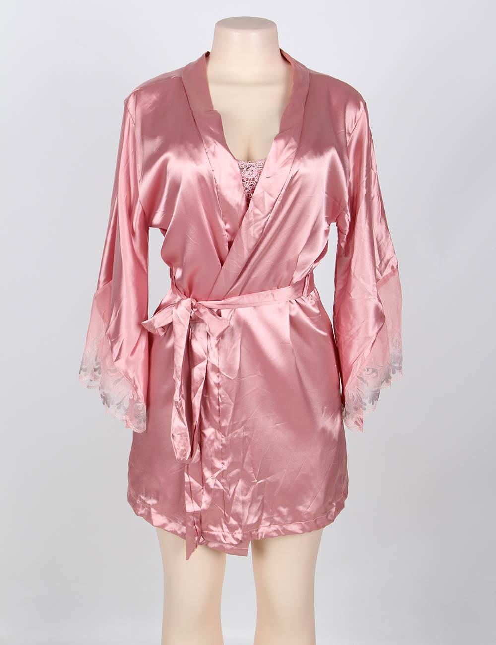 In Stock Two-Piece Satin Pink Belted Sleepwear
