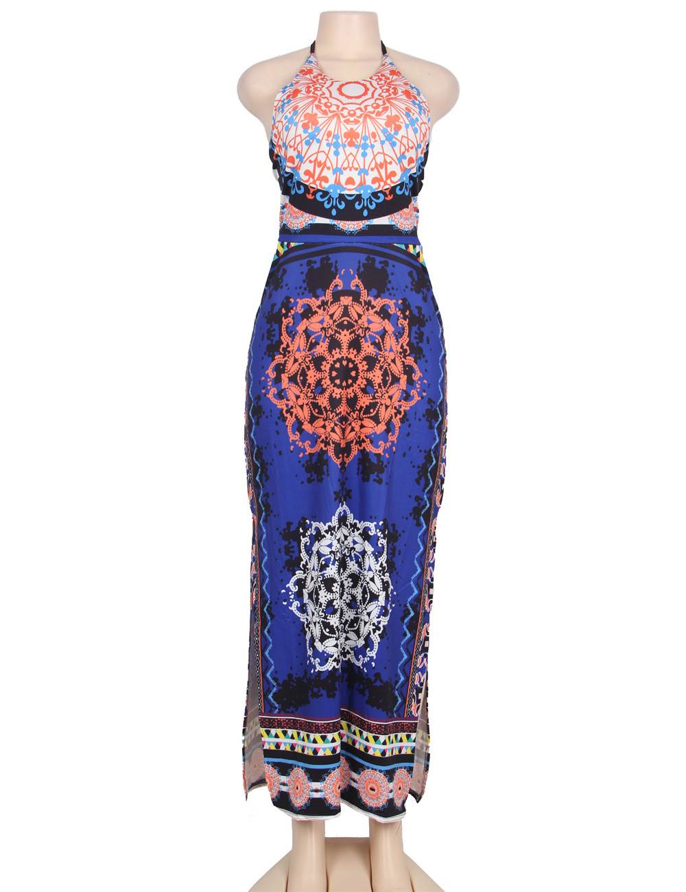 Hot Royal Blue African Pattern Flowered Halter Long Dress