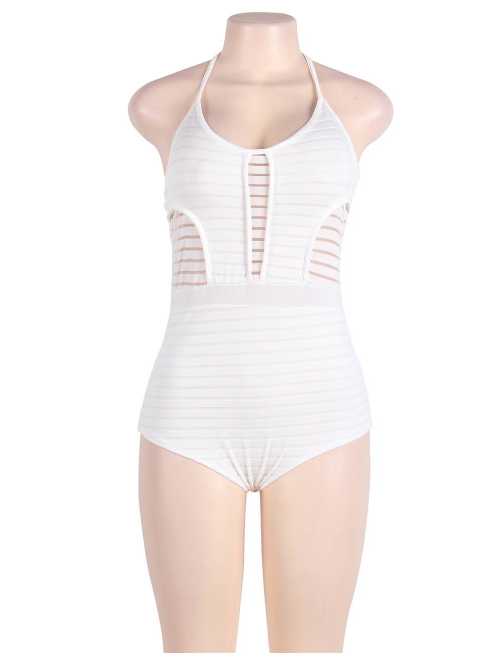 Sexy White Halter Stripy One Piece Swimsuit 