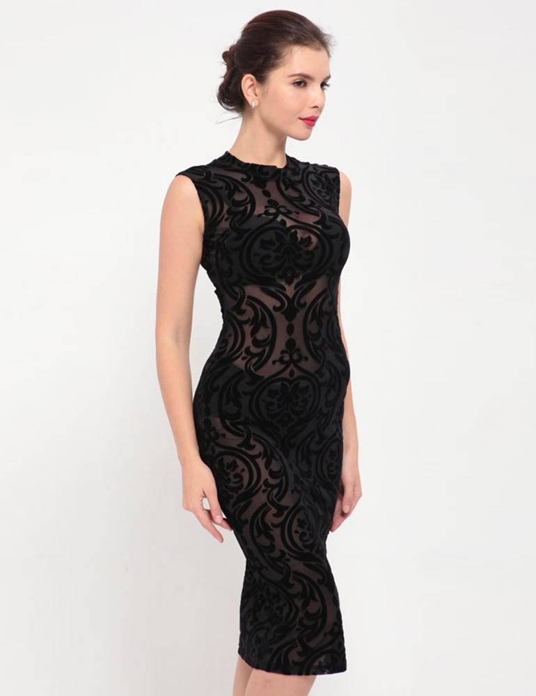 Elegant Black Printing Simple Pattern Fashion Dress Lace Fashion Bodycon