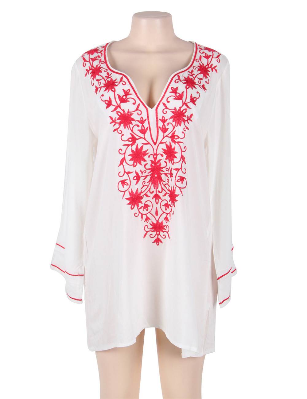 Cheap Embroidered Red Flower Long Sleeve Cover-up From China