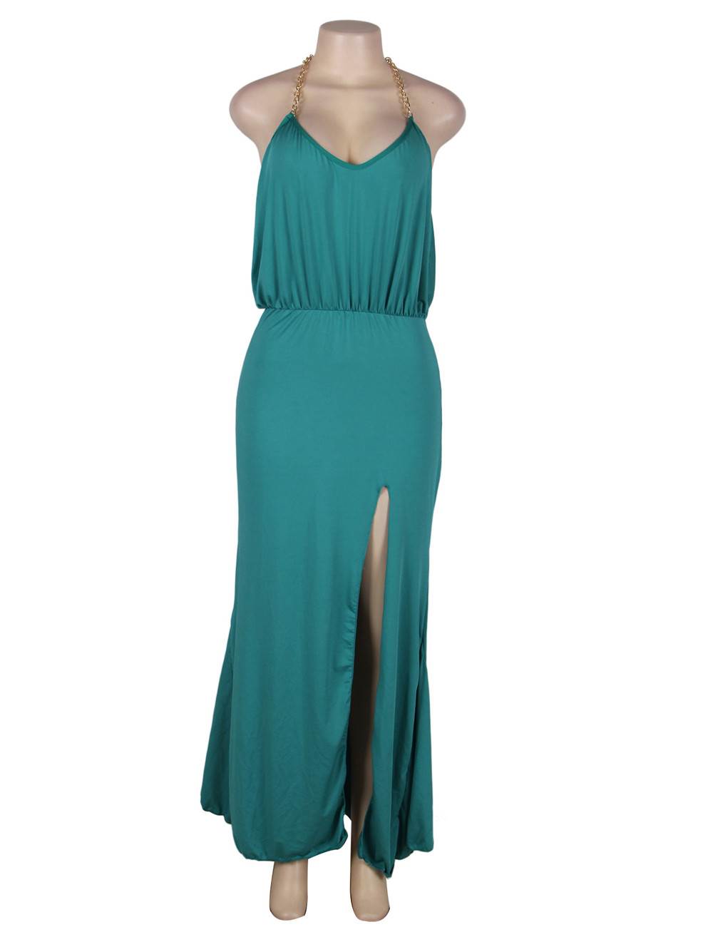 Wholesale Gold Chain Halter Maxi Green Dress with T